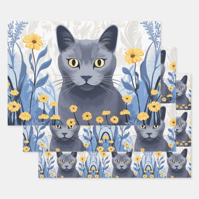 Russian Blue Cat Yellow Flowers Wrapping Paper Sheets (Set)