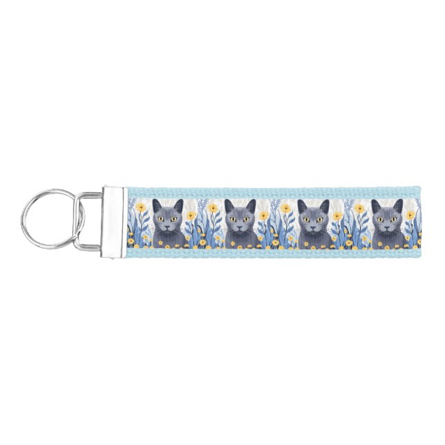 Russian Blue Cat Yellow Flowers Wrist Keychain (Keys on Left)