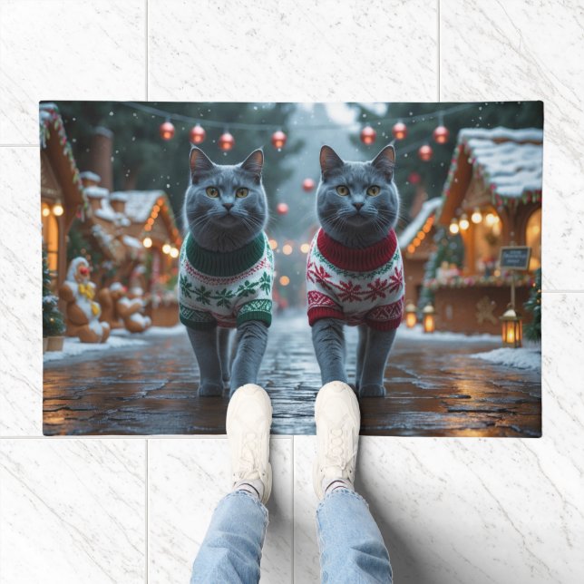 Russian Blue Cats Christmas Snow Holiday  Doormat (Indoor)