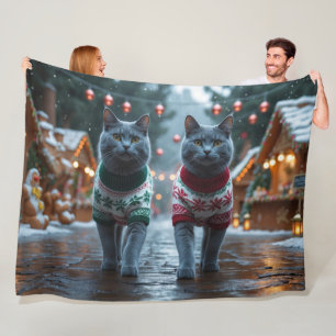 Russian Blue Cats Christmas Snow Holiday  Fleece Blanket