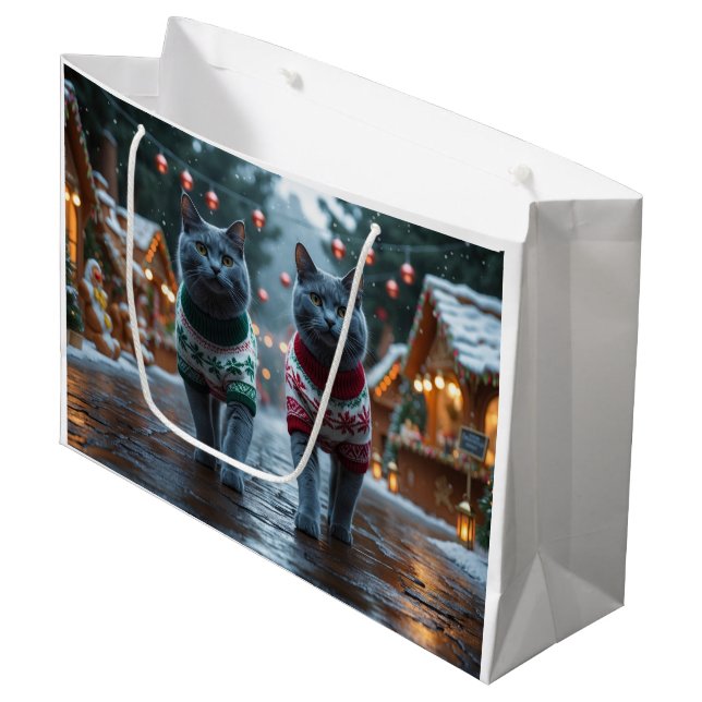 Russian Blue Cats Christmas Snow Holiday  Large Gift Bag (Front Angled)