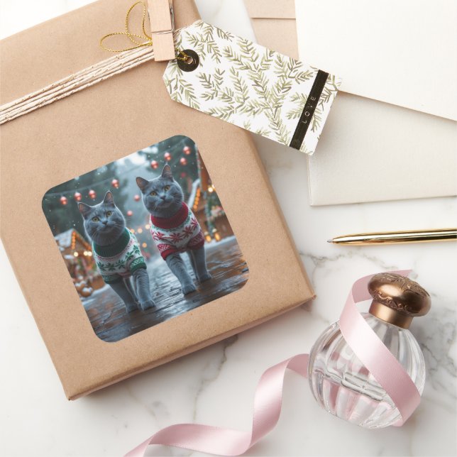 Russian Blue Cats Christmas Snow Holiday  Square Sticker (Gifting)