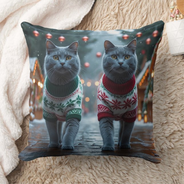 Russian Blue Cats Christmas Snow Holiday  Throw Pillow (Blanket)