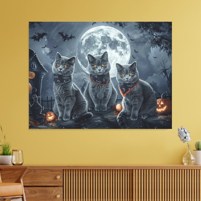 Russian Blue Cats Halloween Spooky Canvas Print (Insitu(LivingRoom))