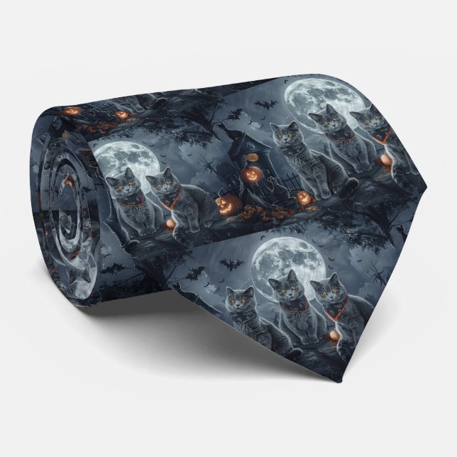 Russian Blue Cats Halloween Spooky Neck Tie (Rolled)