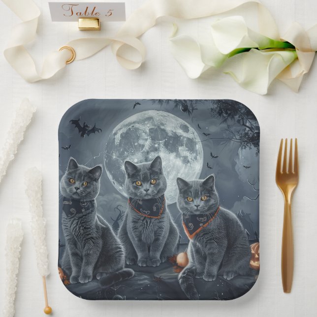 Russian Blue Cats Halloween Spooky Paper Plates (Wedding)