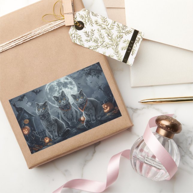 Russian Blue Cats Halloween Spooky Rectangular Sticker (Gifting)