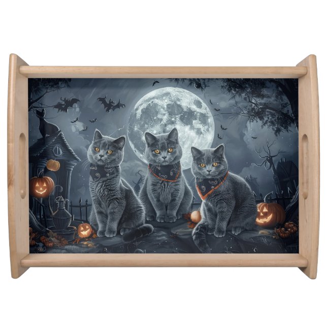 Russian Blue Cats Halloween Spooky Serving Tray (Front)