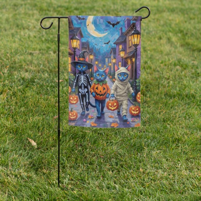Russian Blue Cats in Halloween Costumes Garden Flag (In SItu)