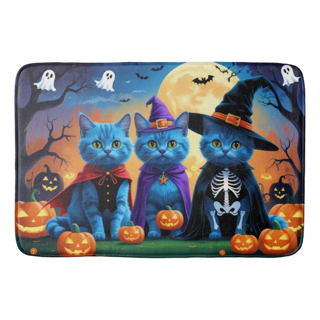 Russian Blue Cats Pumpkin Halloween Funny  Bath Mat (Front)