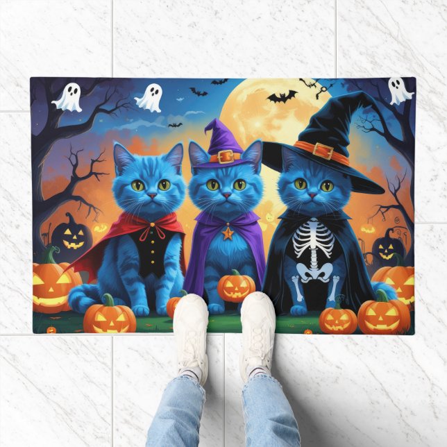 Russian Blue Cats Pumpkin Halloween Funny  Doormat (Indoor)