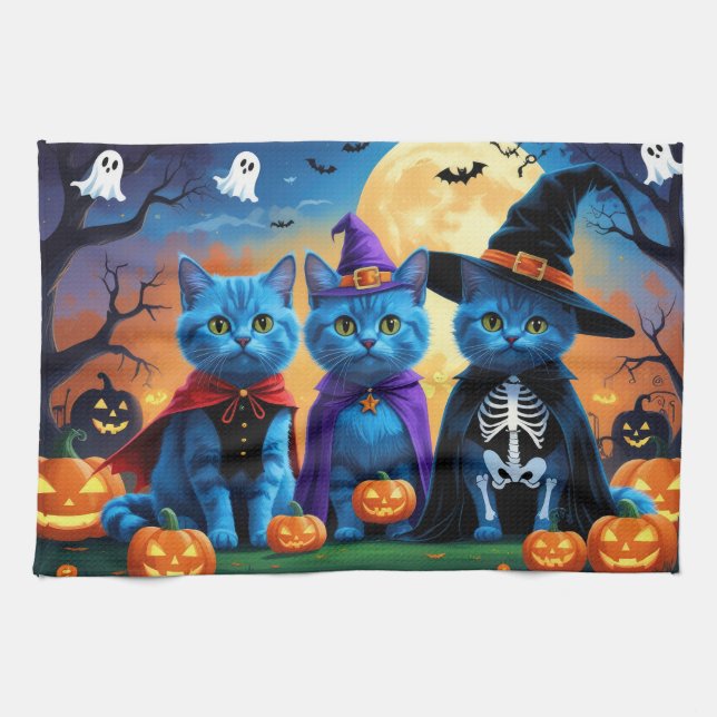 Russian Blue Cats Pumpkin Halloween Funny  Kitchen Towel (Horizontal)
