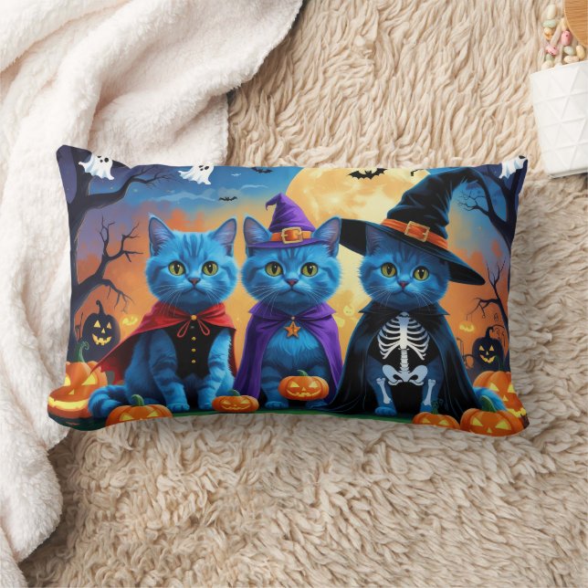 Russian Blue Cats Pumpkin Halloween Funny  Lumbar Pillow (Blanket)