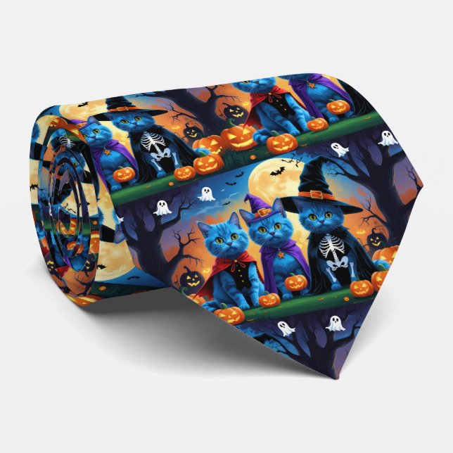 Russian Blue Cats Pumpkin Halloween Funny  Neck Tie (Rolled)