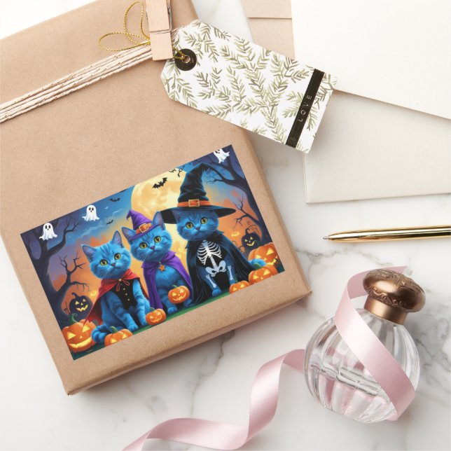 Russian Blue Cats Pumpkin Halloween Funny  Rectangular Sticker (Gifting)