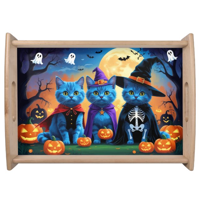 Russian Blue Cats Pumpkin Halloween Funny  Serving Tray (Front)