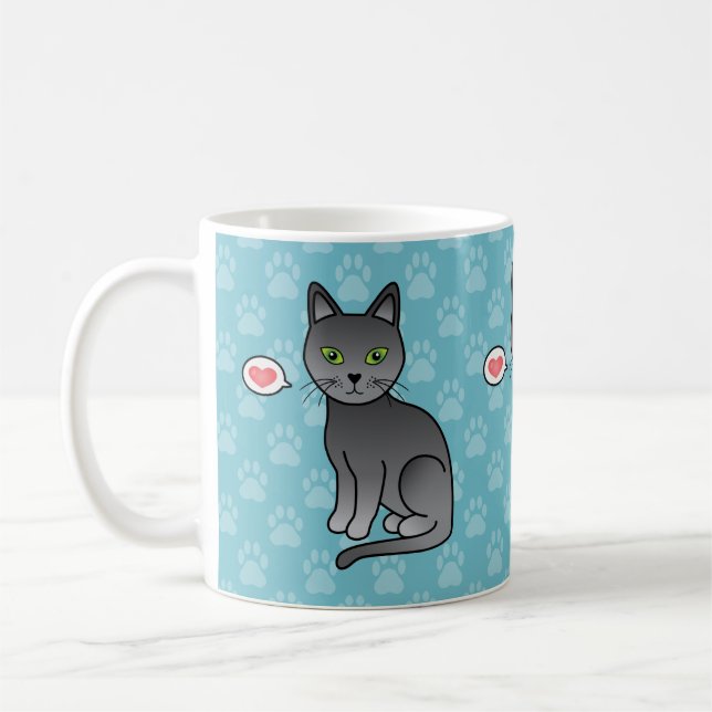 Russian Blue Cats With Hearts On Blue Background Coffee Mug (Left)