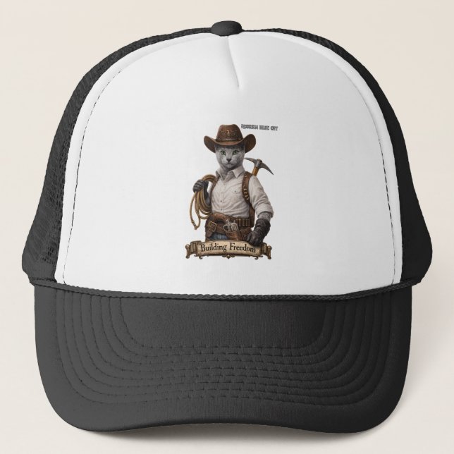Russian Blue Cowboy Cat – Building Freedom Trucker Hat (Front)