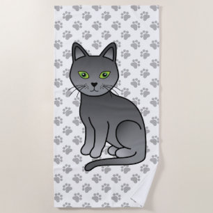 Russian Blue Cute Cartoon Cat Illustration & Paws Beach Towel