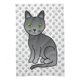 Russian Blue Cute Cartoon Cat Illustration &amp; Paws Kitchen Towel