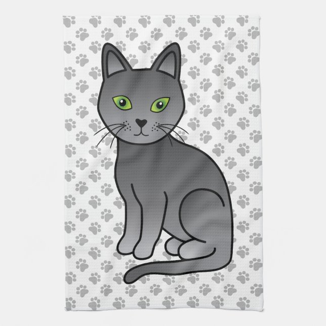 Russian Blue Cute Cartoon Cat Illustration & Paws Kitchen Towel (Vertical)