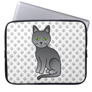 Russian Blue Cute Cartoon Cat Illustration & Paws Laptop Sleeve