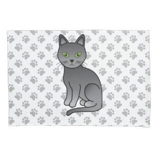 Russian Blue Cute Cartoon Cat Illustration &amp; Paws Pillow Case