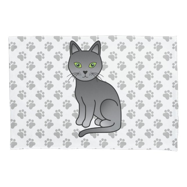 Russian Blue Cute Cartoon Cat Illustration & Paws Pillow Case (Front)