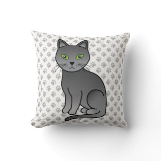 Russian Blue Cute Cartoon Cat Illustration &amp; Paws Throw Pillow