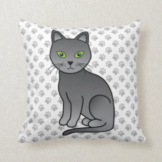 Russian Blue Cute Cartoon Cat Illustration &amp; Paws Throw Pillow