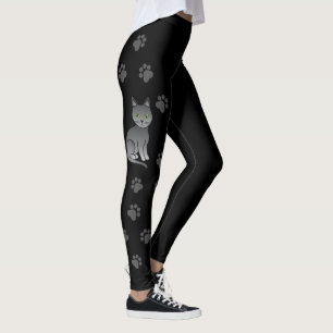 Russian Blue Cute Cartoon Cat & Paws Black Leggings