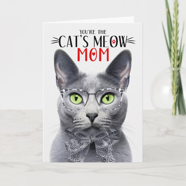 Russian Blue Gray Cat for Mom on Mother's Day Holiday Card (Front)