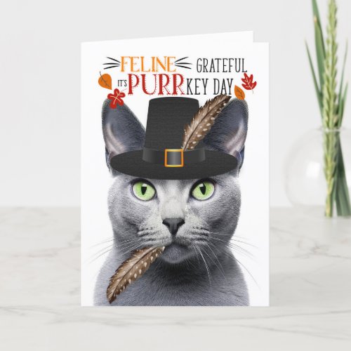 Russian Blue Gray Cat Grateful for PURRkey Day Holiday Card
