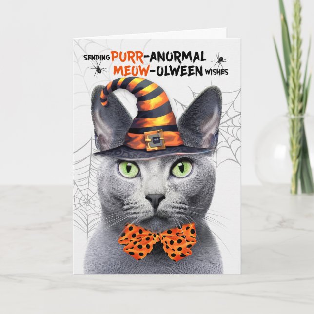 Russian Blue Gray Cat PURRanormal MEOWolween Holiday Card (Front)