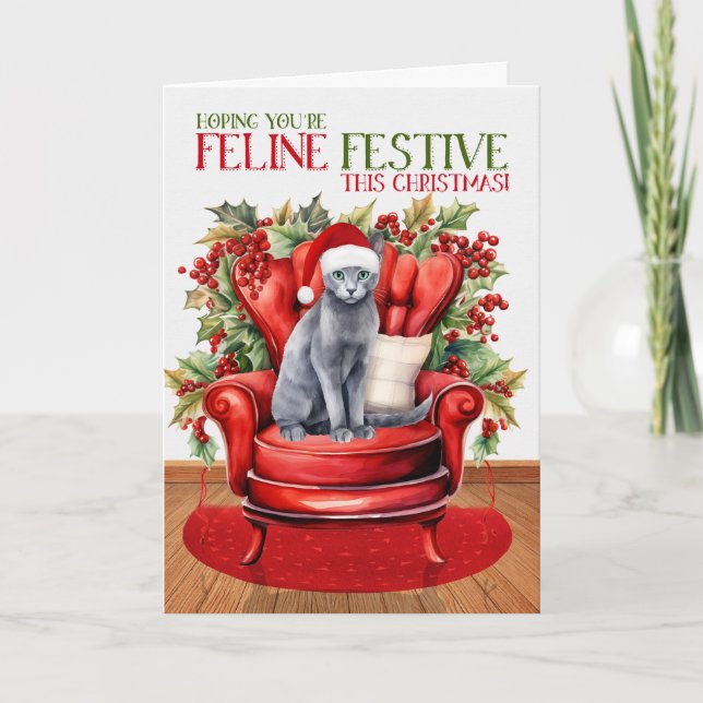 Russian Blue Gray Christmas Cat FELINE Festive Holiday Card (Front)