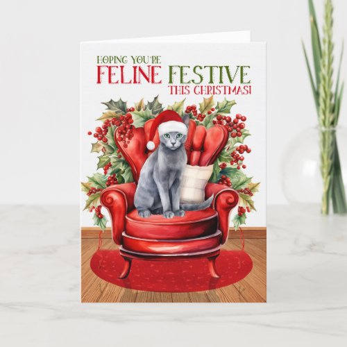 Russian Blue Gray Christmas Cat FELINE Festive Holiday Card