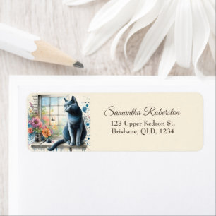 Russian Blue Grey Cat on Window Summer Flower Label