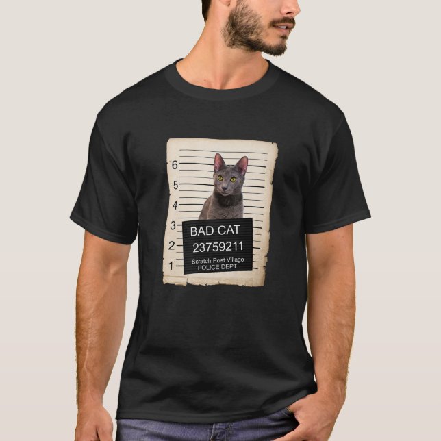 Russian Blue Kitten Mug Shot Bad Cat T-Shirt (Front)
