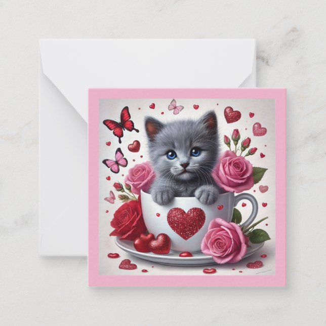Russian Blue Kitten Valentine's Day Classroom  Note Card (Front)