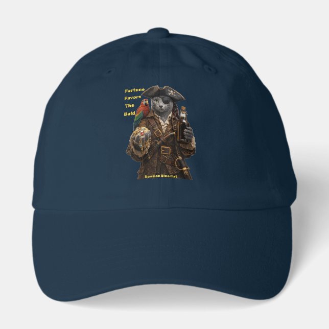 Russian Blue Pirate Cat – Fortune Favors The Bold Hat (Front)