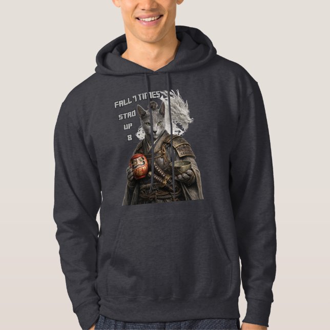 Russian Blue Samurai Cat Hoodie (Front)