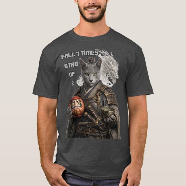 Russian Blue Samurai Cat T-Shirt (Front)