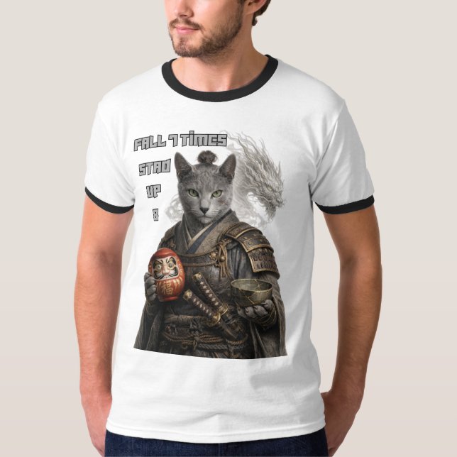 Russian Blue Samurai Cat T-Shirt (Front)
