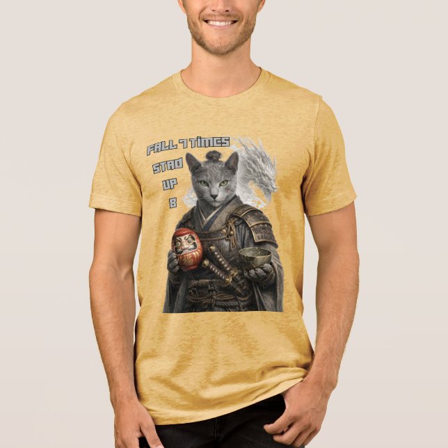 Russian Blue Samurai Cat Tri-Blend Shirt (Front)
