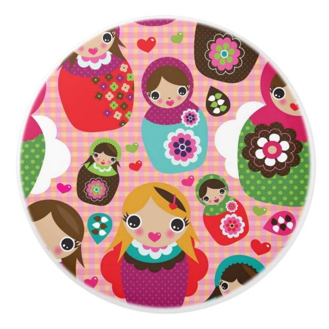 Russian doll illustration background ceramic knob (Front)