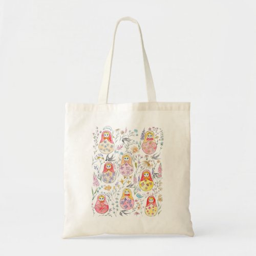 Russian dolls and flower folk painting white backg tote bag