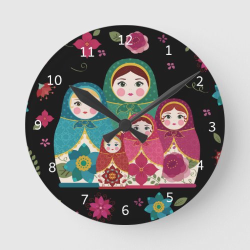Russian Dolls Black Round Clock