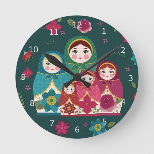 Russian Dolls Green Round Clock