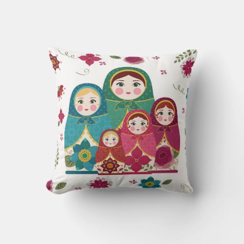 Russian Dolls White Throw Pillow