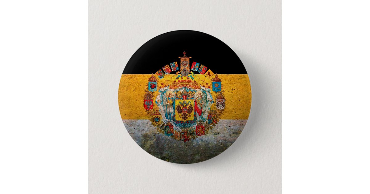 Round button with metal frame. Illustration of flag of Russia